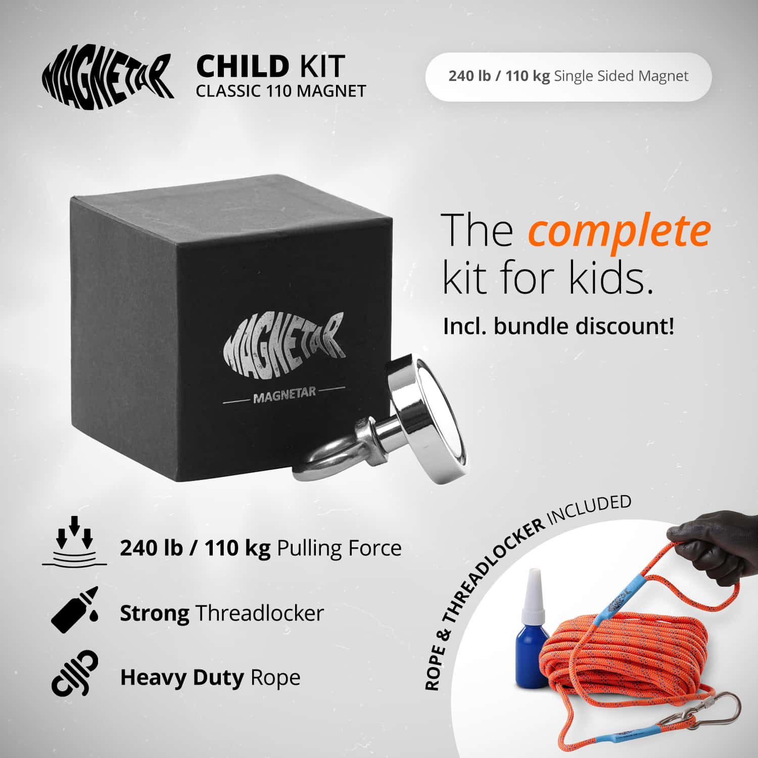 Kids package - 250lb / 110kg - Single sided - Magnet fishing with a  Magnetar fishing magnet
