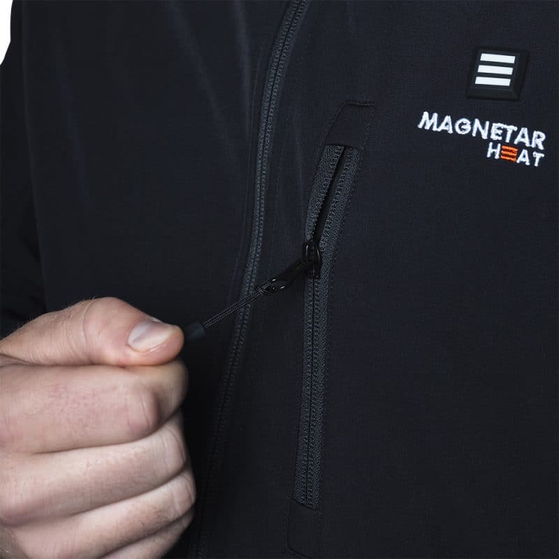 Magnetar's heatable jacket also has a chest pocket and a push button to adjust the heat.