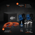 Product feature graphic of a Warrior magnet fishing kit showing Terror and Beast neodymium magnets, ropes, gloves, and a storage box.