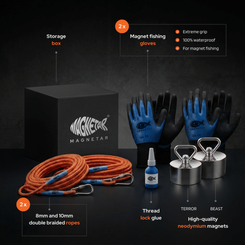 Product feature graphic of a Warrior magnet fishing kit showing Terror and Beast neodymium magnets, ropes, gloves, and a storage box.