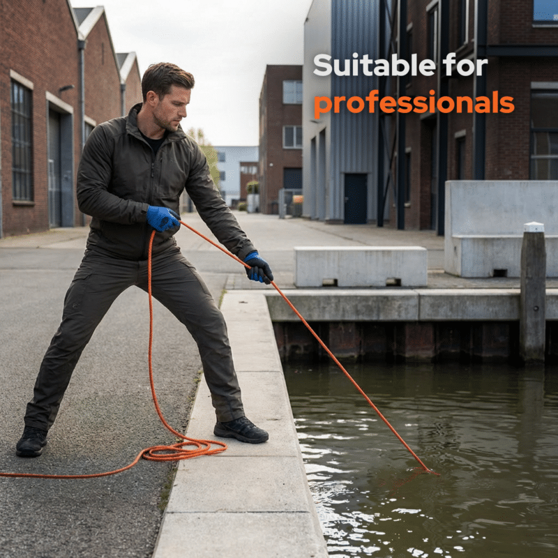 Lifestyle product photo of a professional man using a Barbarian X fishing magnet with an orange rope on an urban canal dock.