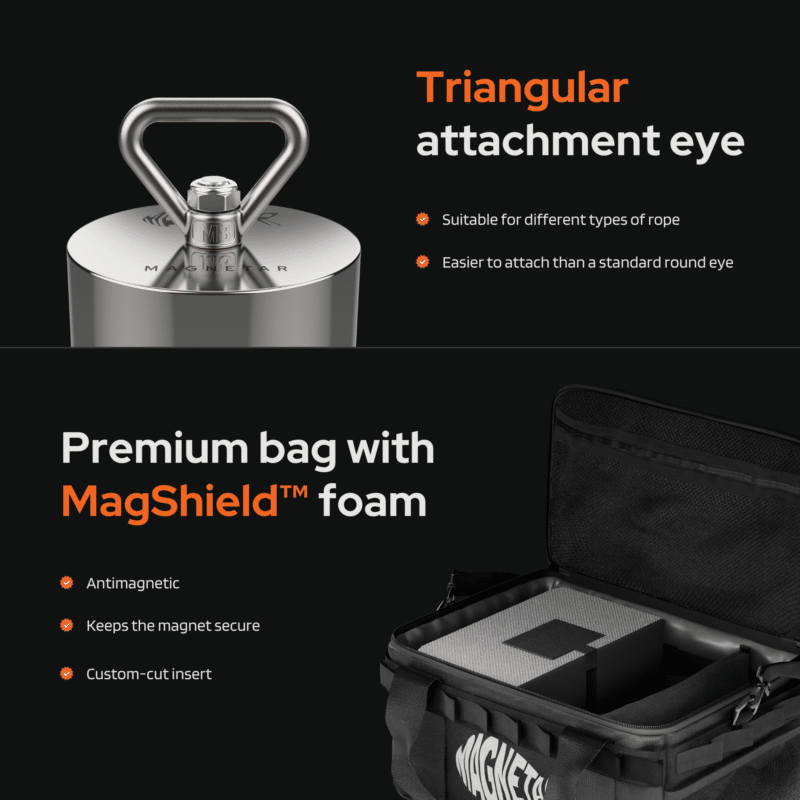 Product feature photo highlighting the triangular attachment eye on a Barbarian X fishing magnet and a premium bag with MagShield foam.