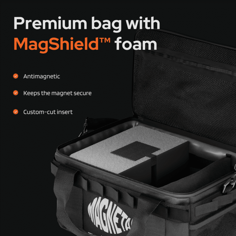 USP photo of Magnetar magnet fishing bag featuring antimagnetic MagShield foam with custom-cut insert for outdoor gear.