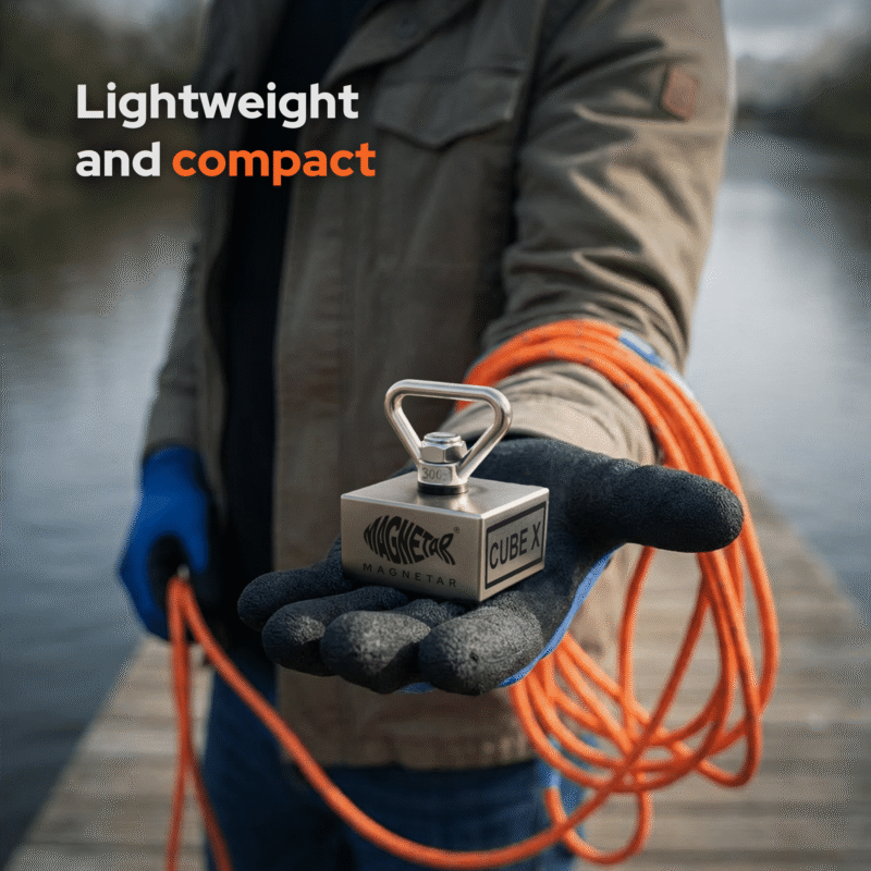 USP lifestyle photo of a man holding a compact Magnetar Cube X fishing magnet in his gloved hand next to an outdoor river.