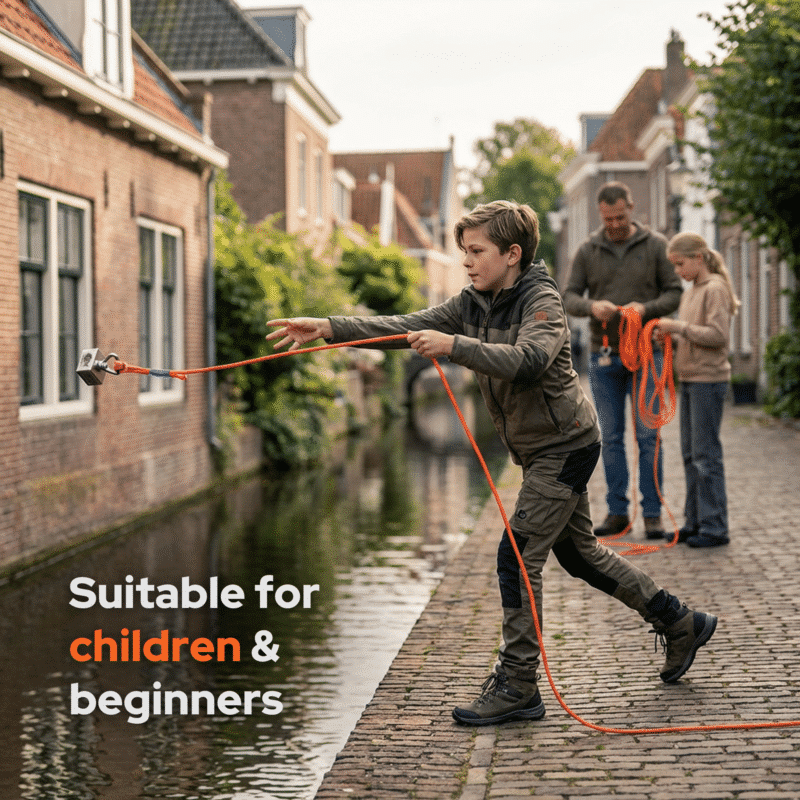 Lifestyle image of a boy throwing a cube x fishing magnet with an orange rope into a canal while a man and girl stand nearby.
