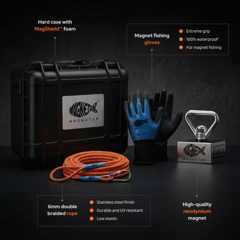 Magnetar Cube X fishing magnet kit USP product photo showing a hard case with MagShield foam, waterproof gloves, orange rope, and neodymium magnet.