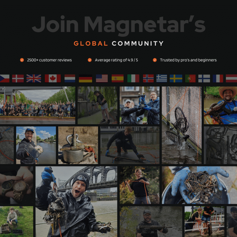 Community banner photo featuring a collage of outdoor magnet fishing enthusiasts pulling up finds like bicycles and scrap metal.