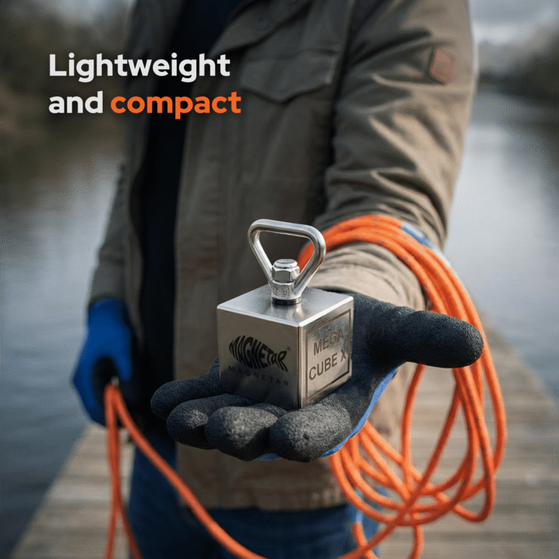 USP lifestyle photo of a man holding a compact Magnetar Mega Cube X fishing magnet in his gloved hand next to an outdoor river.