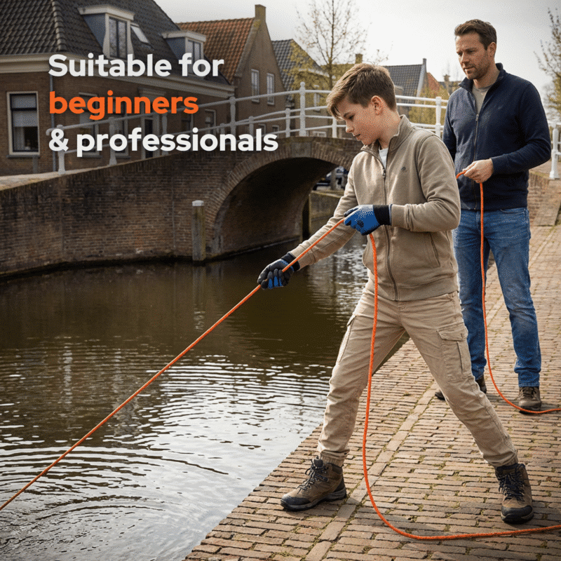 Lifestyle image of a boy and a man outdoor magnet fishing in a canal using an orange rope near a brick bridge.