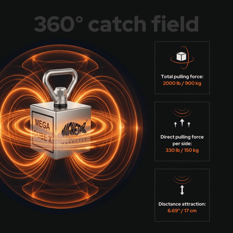 USP infoproduct photo illustrating the 360-degree magnetic catch field and pulling force specs of the Magnetar Mega Cube X.