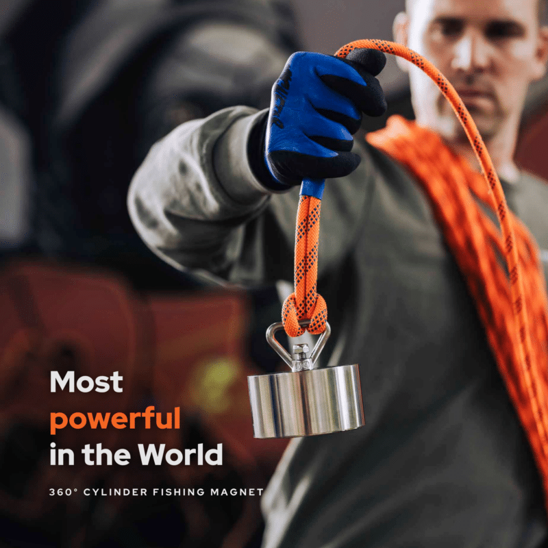 Lifestyle image of a 360° cylinder Barbarian fishing magnet attached to a rope, highlighting extreme pulling power for professional magnet fishing and heavy recoveries.