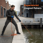 Lifestyle image of an experienced magnet fisher using a 360° fishing magnet along an urban waterfront, designed for advanced magnet fishing and heavy recoveries.