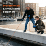 Lifestyle image of adult and young beginner magnet fishing from a harbor waterfront, suitable for professionals and first-time magnet fishing enthusiasts