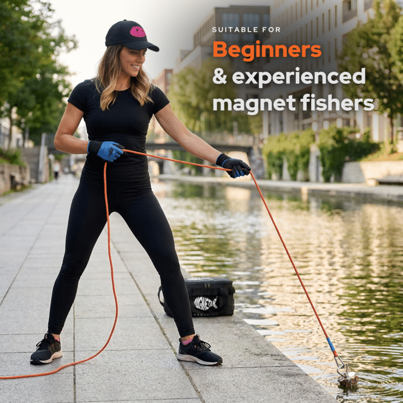 Lifestyle image of Hardcore fishing magnet in use by a magnet fisher beside a canal, suitable for beginners and experienced magnet fishing enthusiasts.