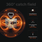 USP graphic showing Mega Cube neodymium fishing magnet with 360-degree magnetic field, 6000 lb pulling force and long-range attraction for magnet fishing enthusiasts