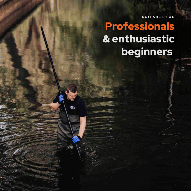 Lifestyle image of a magnet fishing recovery pole used in shallow water, suitable for professionals and enthusiastic beginners retrieving metal objects from rivers and canals