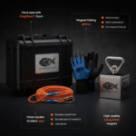 USP graphic of Mega Cube magnet fishing kit with neodymium cube magnet, braided rope, waterproof gloves and protective hard case with foam insert