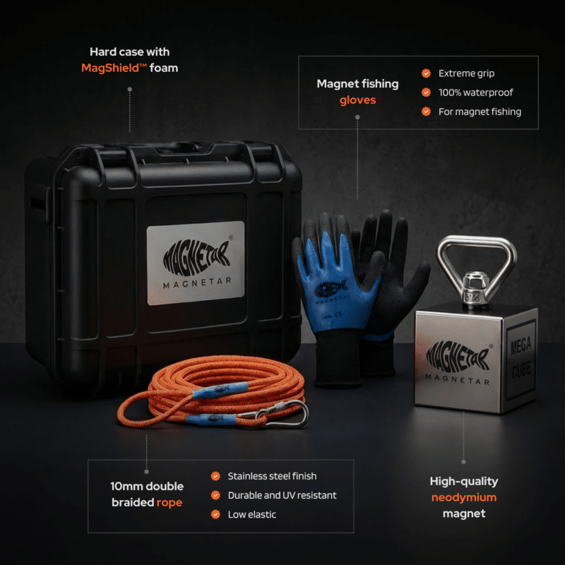 USP graphic of Mega Cube magnet fishing kit with neodymium cube magnet, braided rope, waterproof gloves and protective hard case with foam insert