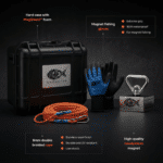 Product set photo of Cube 360° fishing magnet kit with neodymium magnet, braided rope, waterproof gloves and protective hard case.