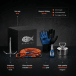 USP graphic of a complete Legend magnet fishing kit with Beast 360° neodymium magnet, braided rope, grappling hook, waterproof gloves, threadlocker and storage box.