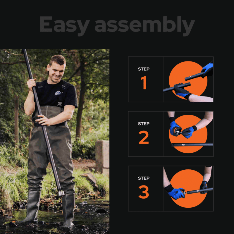 USP graphic showing easy assembly of a magnet fishing pole, with step-by-step setup and outdoor use in shallow water and muddy areas for metal retrieval tasks