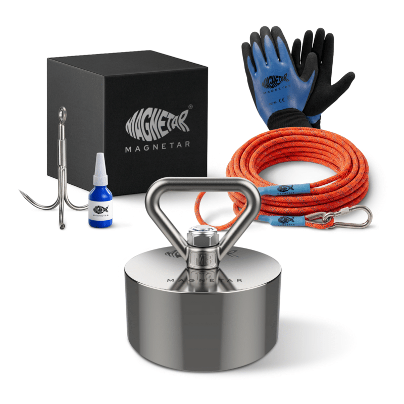 2 Expert Magnet fishing kit with powerful allround 360° Terror magnet, rope, gloves, grappling hook and threadlocker in gift box product photo