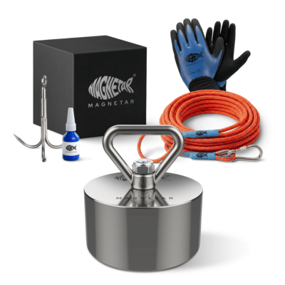 Product photo of the Beast 360° fishing magnet kit with recovery magnet, braided rope, gloves, grappling hook, threadlocker and storage box for magnet fishing.