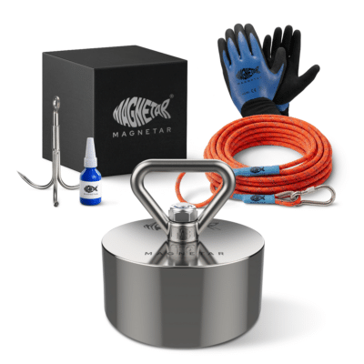 Product photo of Savage 360° fishing magnet kit with Barbarian fishing magnet, rope, gloves, grappling hook and threadlocker for magnet fishing.