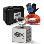 Product photo of Mega Cube magnet fishing kit with neodymium cube magnet, braided rope, waterproof gloves and protective hard case for outdoor treasure hunting