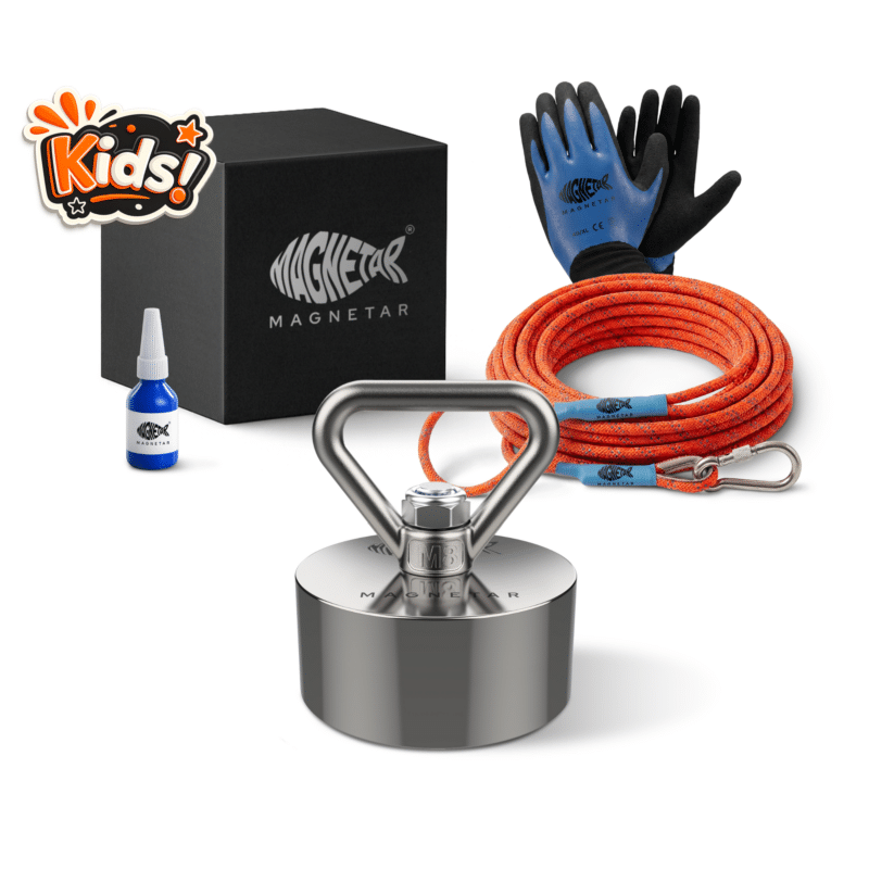 2 Kids fishing magnet kit with easy magnet, rope, gloves and threadlocker, complete magnet fishing set for beginners and family outdoor adventures