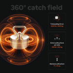 USP graphic showing a 360-degree catch field Terror fishing magnet with 2200 lb pulling force, 550 lb per side strength and 17 cm attraction distance for magnet fishing