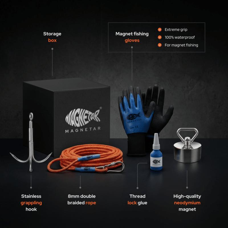 USP graphic of Pro magnet fishing kit with Hardcore neodymium fishing magnet, double braided rope, grappling hook, waterproof gloves, threadlocker and storage box.