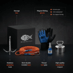 USP graphic showing a complete Expert magnet fishing kit with Terror neodymium magnet, double braided rope, grappling hook, waterproof gloves, thread lock glue and storage box accessories
