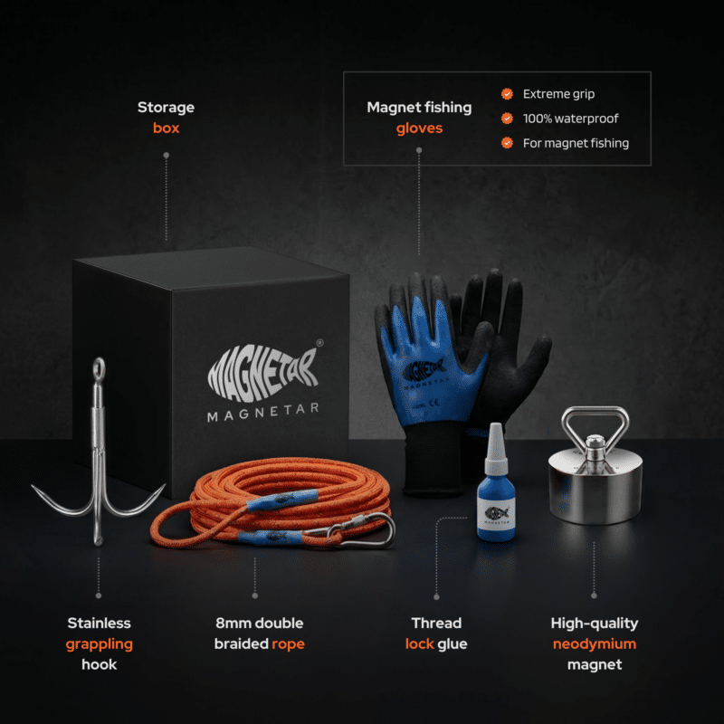 USP graphic showing a complete Expert magnet fishing kit with Terror neodymium magnet, double braided rope, grappling hook, waterproof gloves, thread lock glue and storage box accessories