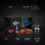 USP graphic of Girl or woman magnet fishing kit with Hardcore neodymium fishing magnet, braided rope, waterproof gloves, threadlocker, storage box and branded cap for magnet fishing.