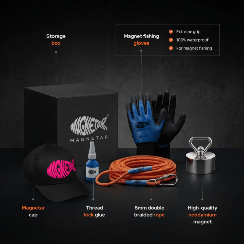 USP graphic of Girl or woman magnet fishing kit with Hardcore neodymium fishing magnet, braided rope, waterproof gloves, threadlocker, storage box and branded cap for magnet fishing.