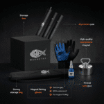 USP graphic showing a magnet fishing kit with aluminium pole, Terror neodymium magnet, waterproof gloves, thread lock glue, storage bag and storage box accessories for retrieving metal objects in hard-to-reach areas