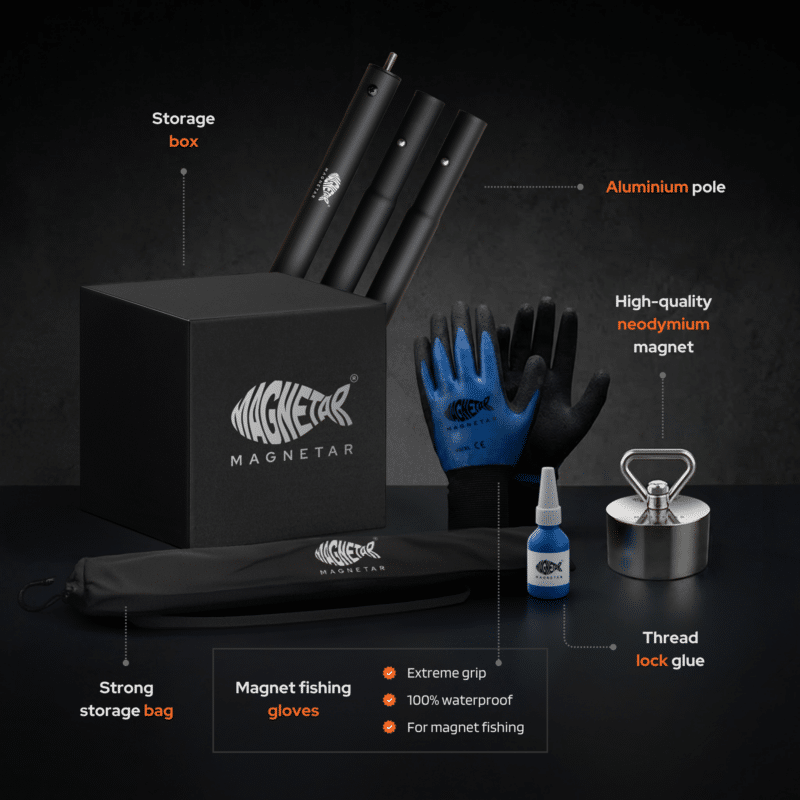 USP graphic showing a magnet fishing kit with aluminium pole, Terror neodymium magnet, waterproof gloves, thread lock glue, storage bag and storage box accessories for retrieving metal objects in hard-to-reach areas