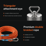 USP graphic highlighting a fishing magnet with triangular attachment eye, premium double braided rope, UV-resistant construction and durable stainless steel hardware