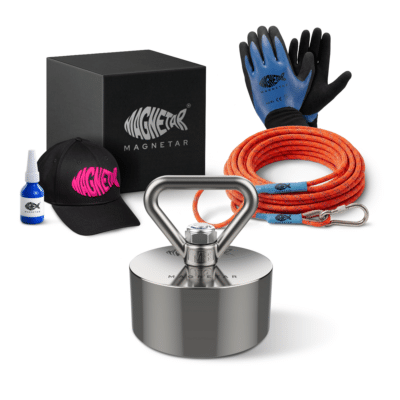 Product photo of Girl or woman fishing magnet kit with Hardcore neodymium magnet, rope, gloves, threadlocker, storage box and cap, complete magnet fishing set for metal recovery.