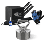 Complete magnet fishing kit with 360° recovery magnet, aluminium pole, waterproof gloves, thread lock glue, storage bag and storage box, product photo with accessories set