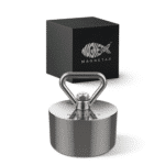 Product photo of the Beast 360° fishing magnet with triangular attachment eye and storage box, designed for powerful magnet fishing and heavy object recovery.