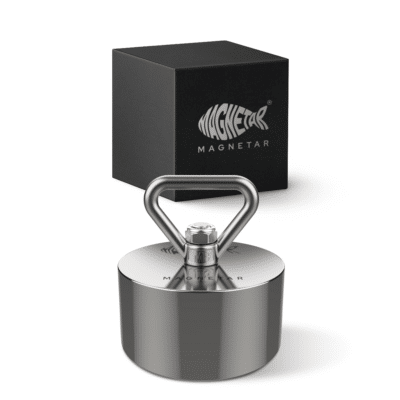 Product photo of the Beast 360° fishing magnet with triangular attachment eye and storage box, designed for powerful magnet fishing and heavy object recovery.