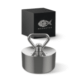 Product photo of a 360° cylinder Barbarian fishing magnet with triangular attachment eye and storage box, designed for heavy-duty magnet fishing and recovery.