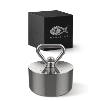Product photo of a 360° cylinder Barbarian fishing magnet with triangular attachment eye and storage box, designed for heavy-duty magnet fishing and recovery.