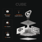 USP graphic of Cube 360° fishing magnet with exploded view showing full side protection, long-range magnetic attraction and pre-installed attachment eye.