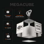 USP graphic of Mega Cube neodymium fishing magnet with 360-degree magnetic field, long-distance attraction, full side protection and pre-installed attachment eye for magnet fishing