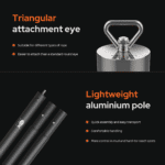 USP graphic showing a Terror fishing magnet with triangular attachment eye and lightweight aluminium pole for better reach in mud and hard-to-access areas
