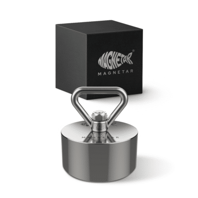 Product photo of a 360-degree Terror neodymium fishing magnet with triangular eye bolt and storage box, designed for all-round magnet fishing and heavy recoveries
