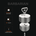 USP graphic of Barbarian 360° fishing magnet with protective steel housing, long-range magnetic attraction and all-round magnetic performance for heavy recovery tasks.